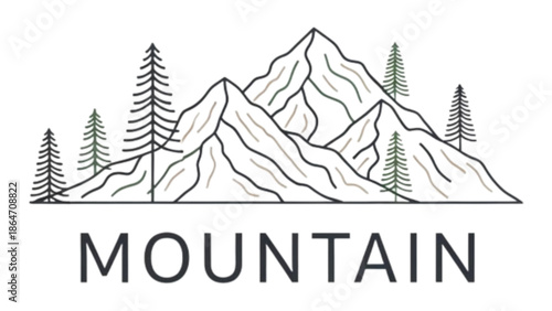 Mountain landscape with pine trees and peaks in a simple line drawing style