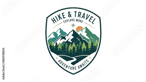 Hike and travel logo with mountains and forest on for adventure