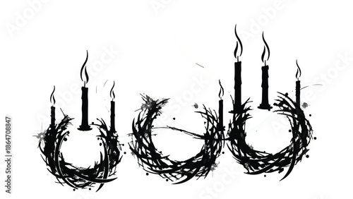 Dark, moody wreath design with flickering candles, evoking winter and mystery
