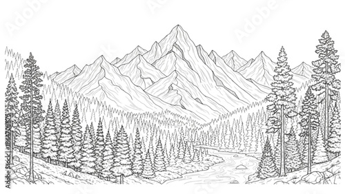 A serene mountain landscape with pine trees and a majestic mountain range in the background