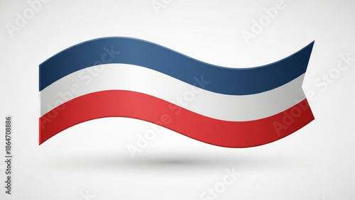 Wavy tricolor flag design element with blue white and red stripes on a light gray background with wavy flag and graphic element and ribbon banner