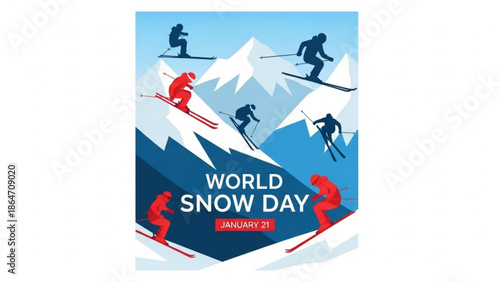 World Snow Day illustration with skiers on snowy mountains flat vector design for winter sports promotion and event announcement