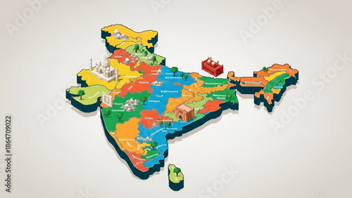Colorful 3d map of india with various landmarks and geographical features with India map and colorful map and geography and tourism and travel