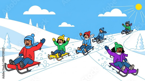 Children sledding down a snowy hill on a bright winter day diverse group enjoying outdoor activity vector illustration for holiday and recreation concepts