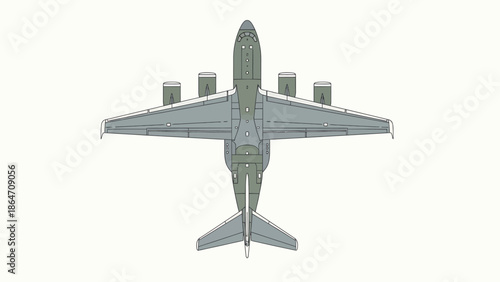 Aerial view of a large gray airplane with four engines on its wings