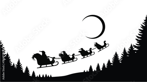 Santa's sleigh glides through a starry night sky over a silhouette of pine trees.