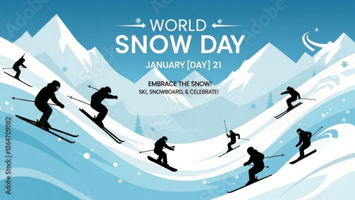 World Snow Day illustration with skiers on snowy mountains celebrating winter sports and the joy of skiing and snowboarding