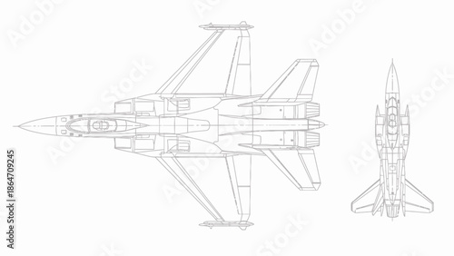 Detailed technical drawing of a fighter jet from multiple viewpoints