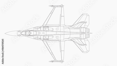 Detailed line drawing of a fighter jet viewed from above