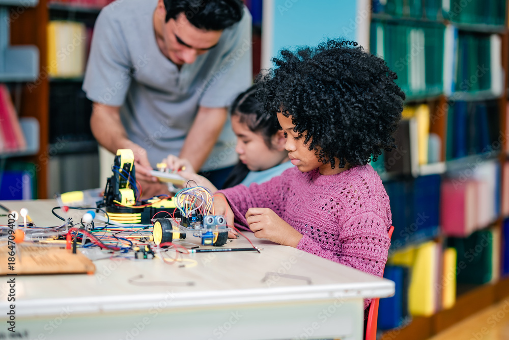 Fototapeta premium Instructor teaches robotics concepts by demonstrating electronic assembly, support student understands, STEM education foundation, collaborative learning process inside library classroom.