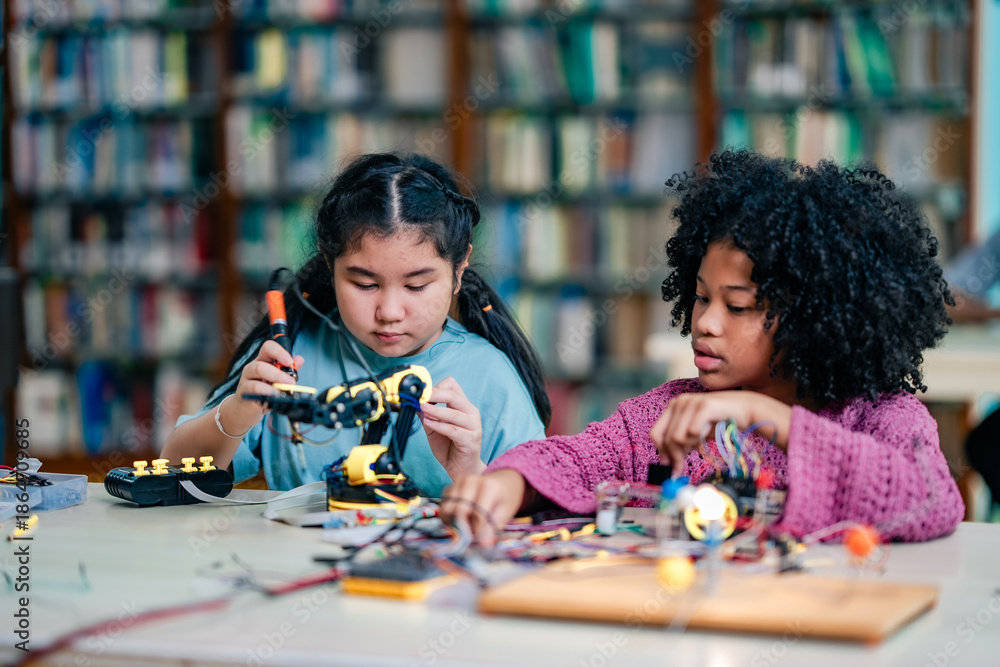 Fototapeta premium African American girl participates robotics experiment with Asian girl, focusing electronics assembly, technology skills training, inclusive STEM education, cooperation learning, library classroom.