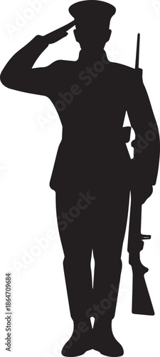 Create silhouette of a soldier man salute with gun with on white Background
