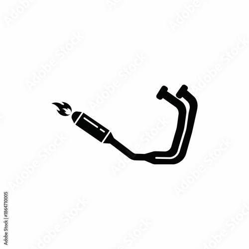 Stylized black silhouette of a motorcycle exhaust system with flames, a graphic icon representing power and speed.