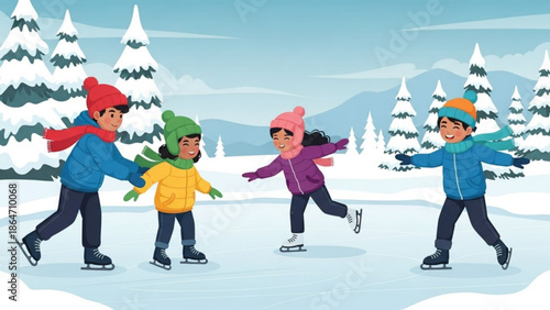 Children ice skating on a frozen pond in a snowy winter landscape enjoying outdoor winter activities and family fun