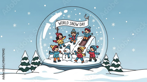 Children playing in a snow globe celebrating World Snow Day featuring a snowman and winter fun perfect for holiday promotions and seasonal greetings