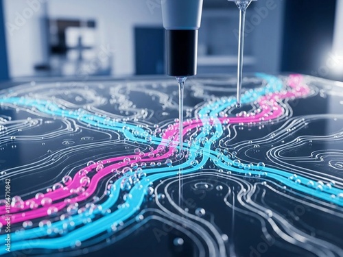 Macro shot of transparent microfluidic chip with fluorescent blue and pink liquid flowing through intricate microscopic channels tiny bubbles moving with precision high tech laboratory aesthetic shall