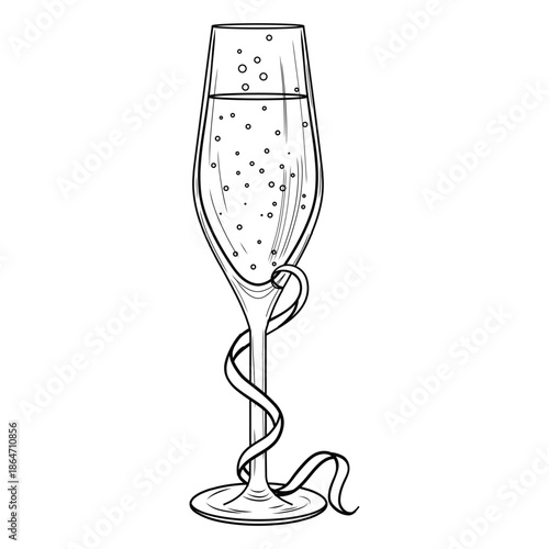 Champagne glasse wrapped and decorated in streamers vector line art illustration. Festive New Year's celebration with sparkling wine in flute. Carnival drinking and anniversary retro sketch.