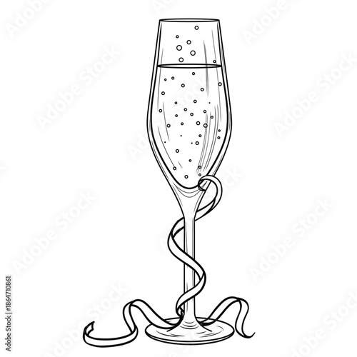 Champagne glasse wrapped and decorated in streamers vector line art illustration. Festive New Year's celebration with sparkling wine in flute. Carnival drinking and anniversary retro sketch.