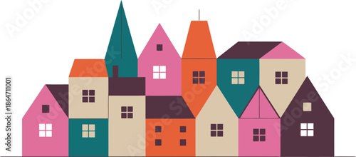 A charming collection of colorful stylized houses with varying roof shapes and sizes