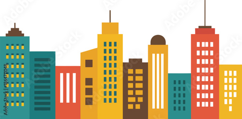 A cheerful urban skyline showcases a variety of modern buildings with brightly illuminated windows in a vibrant palette