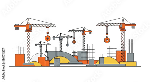 Construction Site with Cranes and Building Materials - Urban Development