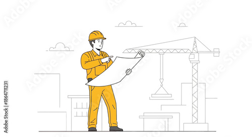 Construction worker in hard hat reviewing blueprints at a building site with cranes