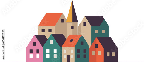 A picturesque cluster of colorful stylized houses and a tall church spire on a pristine white background