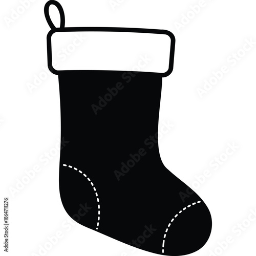 Black and White Christmas Stocking Icon Illustration with Classic Design, White Cuff, and Hanging Loop