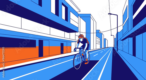 Cyclist riding on city street with modern architecture and blue, orange color scheme