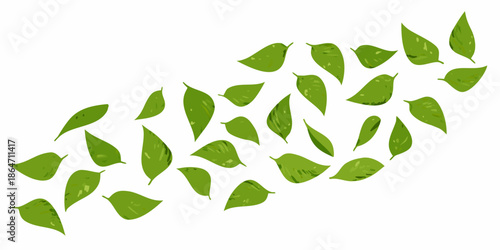 A scattering of vibrant green leaves arranged in a dynamic flowing pattern