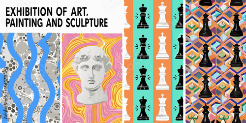 An artistic exhibition poster featuring chess pieces a bust and abstract designs