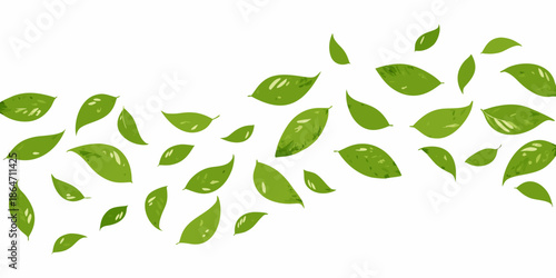 A scattering of vibrant green leaves against a clean white background