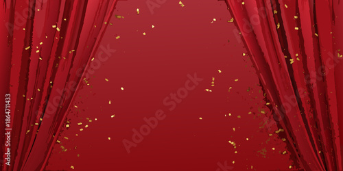 Red stage curtains open with golden glitter falling creating a dramatic effect