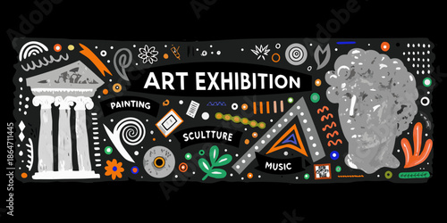 An artistic banner announces an art exhibition with various creative elements