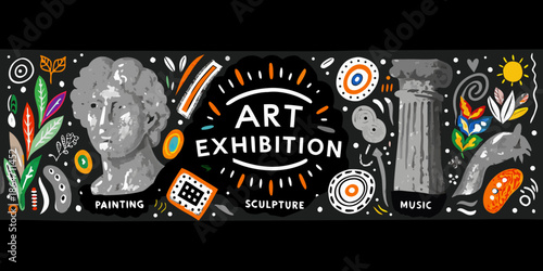 Colorful art exhibition poster featuring elements of painting sculpture and music