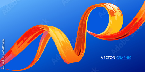 A vibrant orange ribbon swirls and curves against a bright blue background