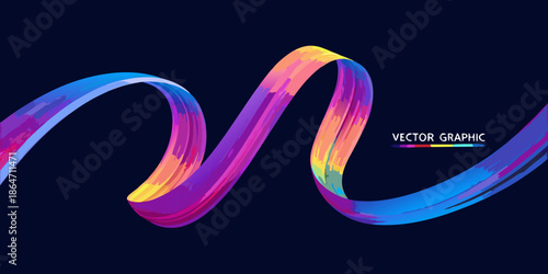 A vibrant colorful ribbon swirl against a dark deep blue background