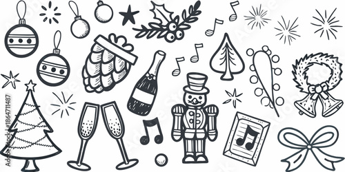 A festive collection of hand drawn christmas ornaments and holiday decorations