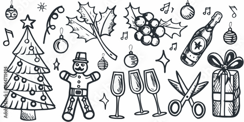 A festive sketch featuring christmas trees ornaments and celebratory elements
