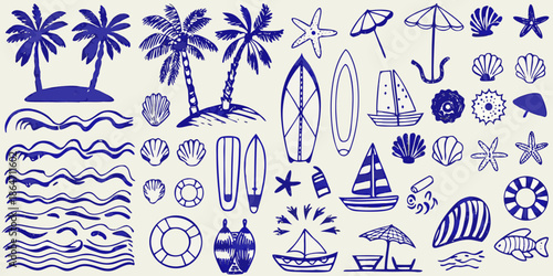 A collection of hand drawn blue summer elements palm trees seashells and more