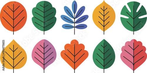 A vibrant collection of ten flat design leaves displays various colors and shapes on a clean white background
