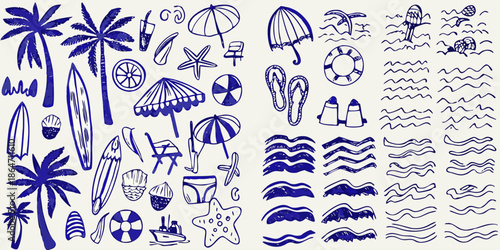 A collection of hand drawn summer themed doodles in blue ink