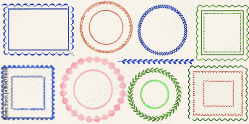 Collection of hand drawn frames and borders in various shapes and colors