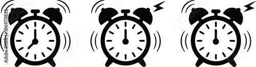 Simple black ringing alarm clock icons represent morning wake up, important deadlines, and urgent notifications
