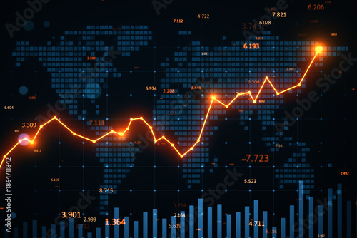 Glowing upward graph with financial data and bar chart over digital world map interface on dark screen background depicting global market growth. 3D Rendering