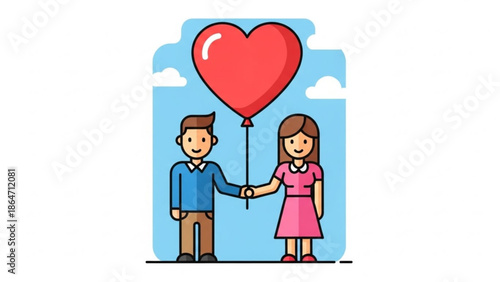 A cartoon illustration of a loving couple holding hands with a heart-shaped balloon