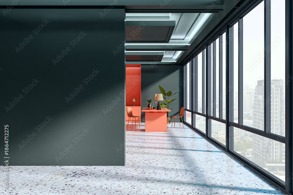 Obraz premium Modern corporate office interior with blank dark wall and city view windows for mockup or signage display concept. 3D Rendering