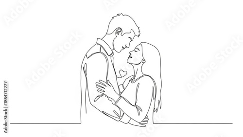 A minimalist line art illustration of a loving couple embracing and sharing a tender moment.
