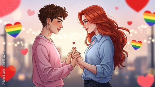 A loving couple holding hands with hearts and rainbow flags in the background