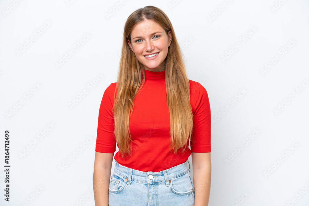 Fototapeta premium Young caucasian woman isolated on white background laughing